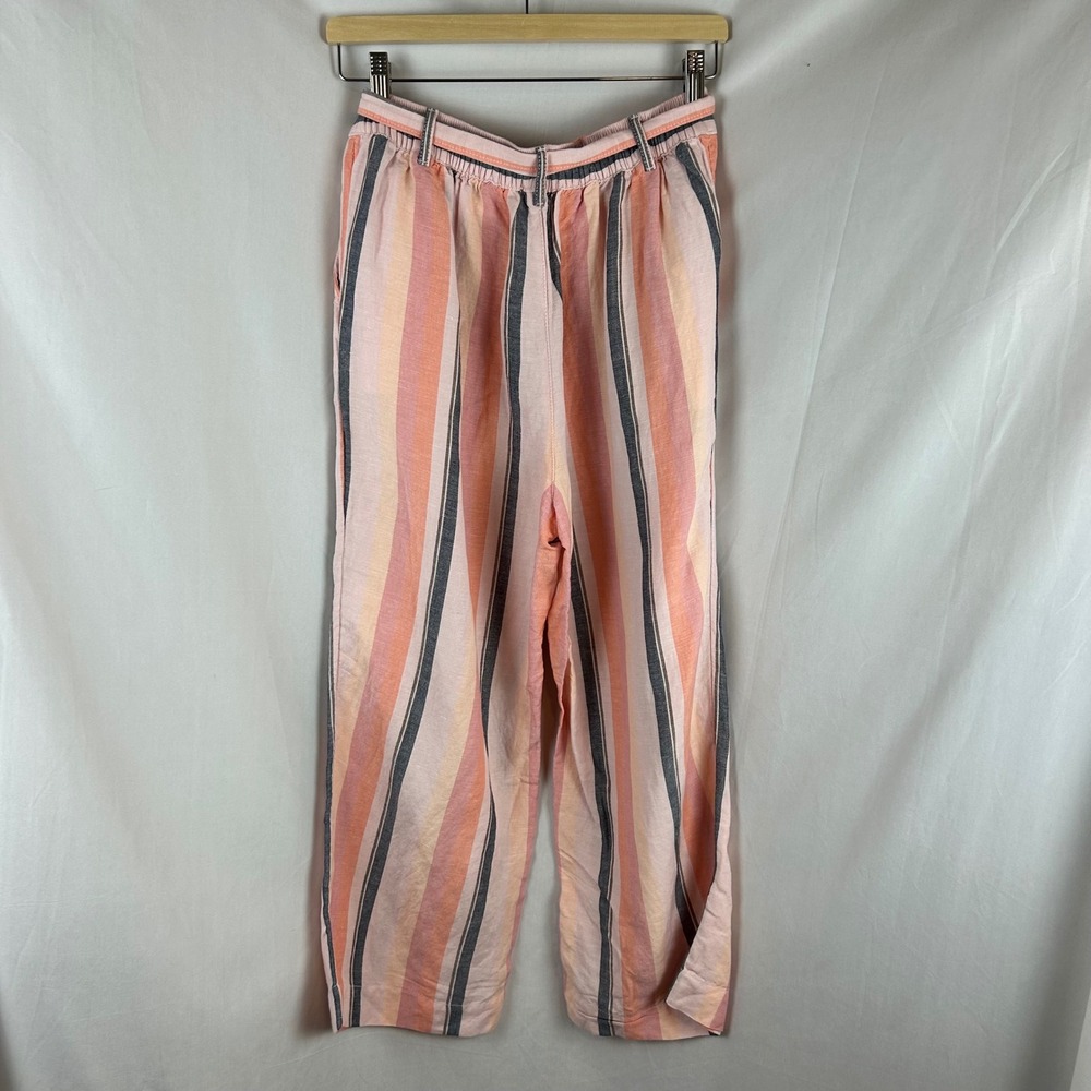 LOFT Womens Petite Medium Pink Orange Striped Cotton Linen Wide Leg Crop Pants - Picture 6 of 9